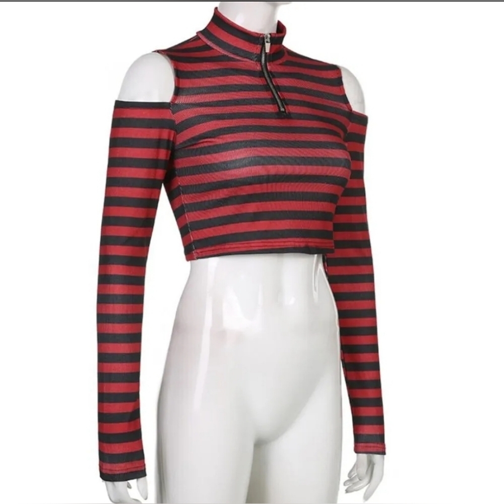 Punk Zipper T-Shirt Off Shoulder Long Sleeve Crop Top - Size L